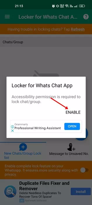 قم بمنح إذن وصول لتطبيق Locker for Whats Chat App