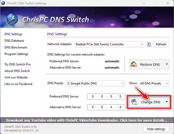 כריס PC DNS Switch שנה DNS