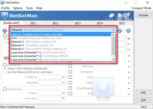 NetSetMan select your connected network