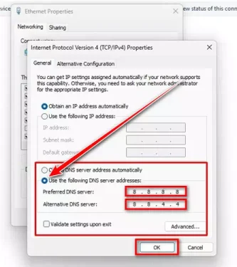 Use the following DNS server addresses