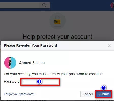 بعد ذلك سيطلب منك إدخال كلمة مرور حسابك على فيسبوك