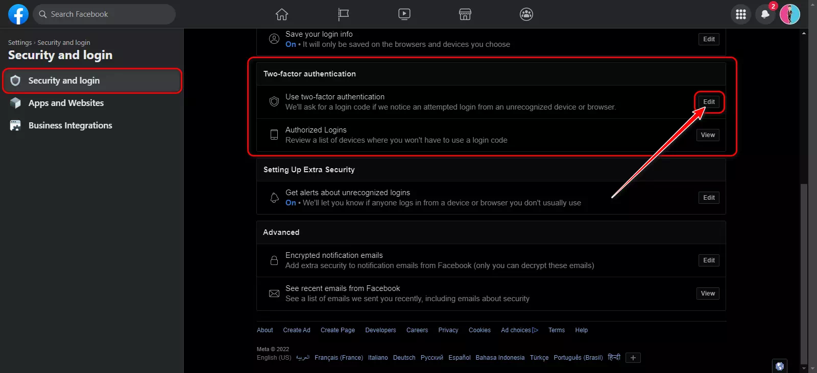 على الجانب الأيمن ، انقر فوق الزر تحرير أو Edit في قسم استخدام المصادقة الثنائية أو Use two-factor authentication