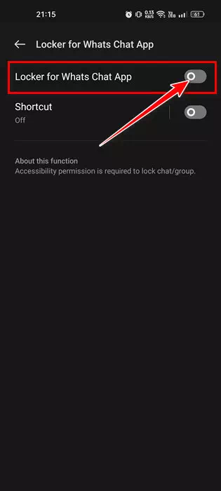 قم بتمكين إمكانية الوصول لتطبيق Locker for Whats Chat App