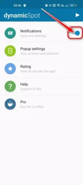 DynamicSpot 앱을 실행하려면 알림 옆에 있는 토글을 클릭해야 합니다.