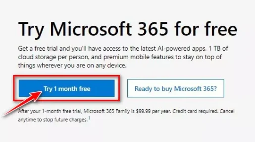 Microsoft 365 مجانًا ، انقر فوق زر تجربة مجانية لمدة شهر واحد