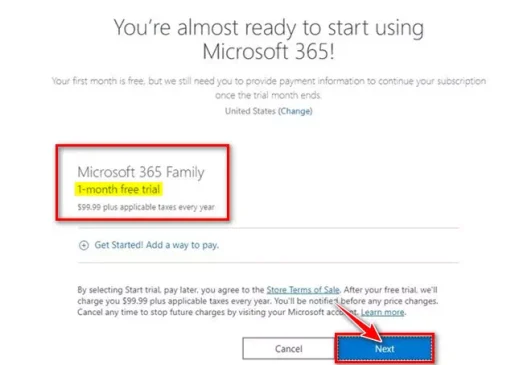 Microsoft Word انقر فوق زر التالي وقم بإعداد طريقة الدفع
