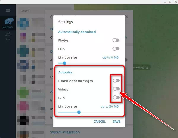 Telegram تعطيل التشغيل التلقائي للفيديو والصور المتحركة