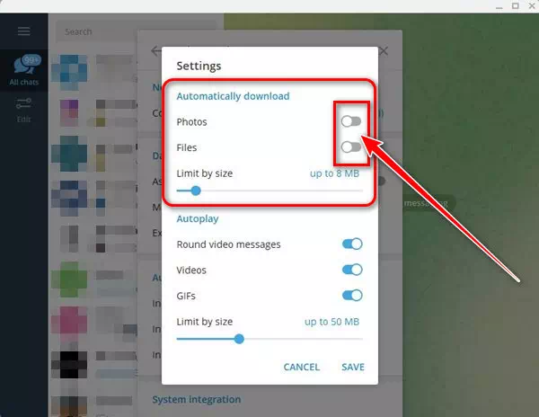 Telegram قم بتعطيل تنزيل الصور والملفات