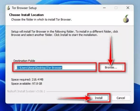 اختر مجلد التثبيت وانقر على زر تثبيت Tor Browser
