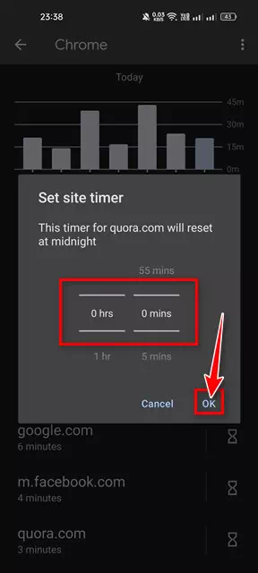 إذا كنت ترغب في حظر الموقع على الفور ، اضبط المؤقت على 0 ساعة و 0 دقيقة . بمجرد الانتهاء ، اضغط على زر موافق