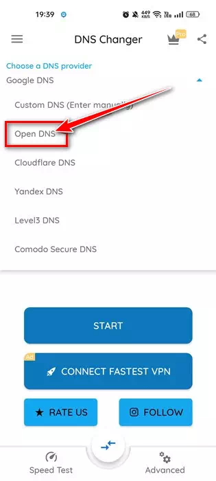 حدد على OpenDNS
