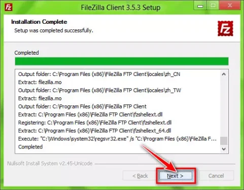 Að lokum hefur FileZilla verið sett upp með góðum árangri og smelltu síðan á „Næsta“ hnappinn