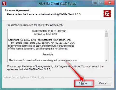 Filezilla şərtlərini qəbul etmək üçün Razılaşıram klikləyin