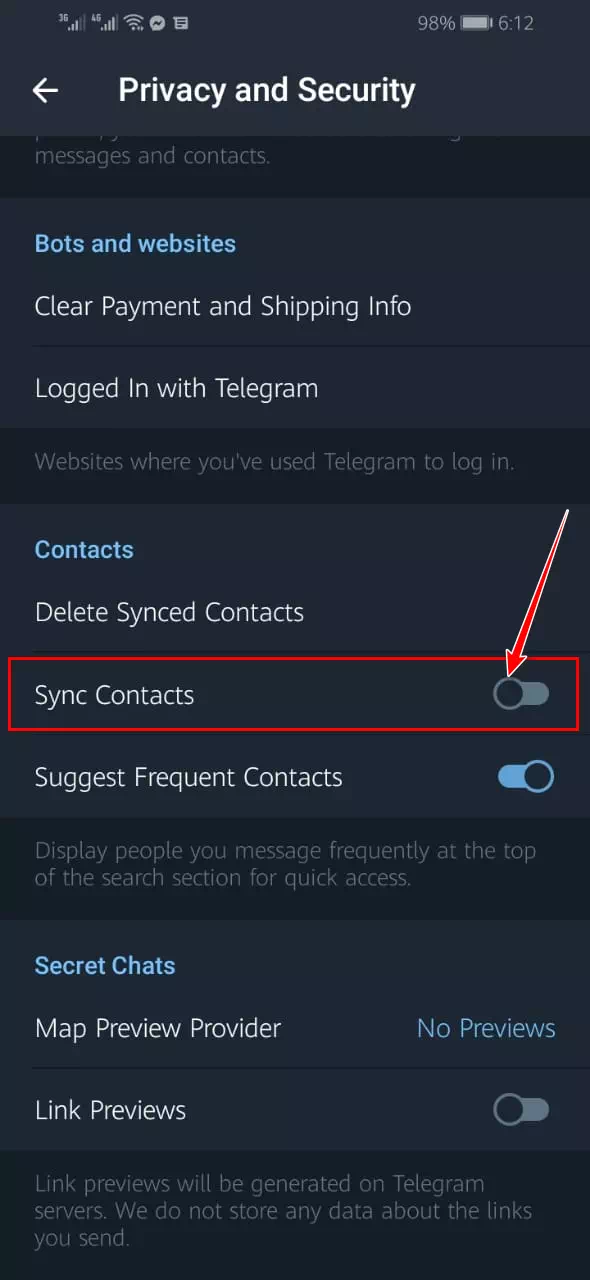تعطيل مزامنة جهات الاتصال على تيليجرام