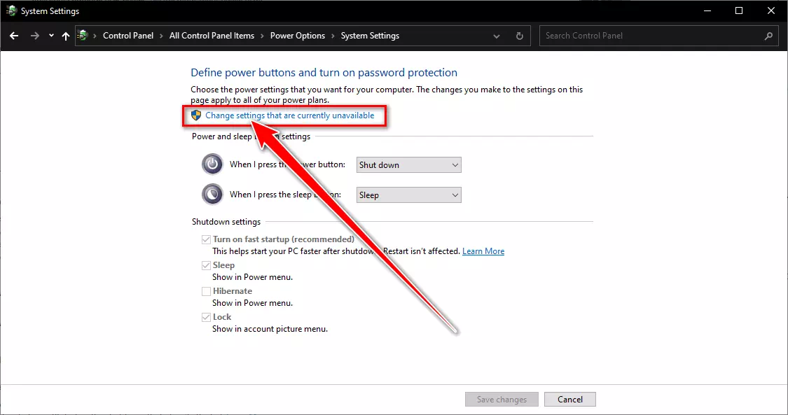 ຄລິກທີ່ປ່ຽນການຕັ້ງຄ່າທີ່ບໍ່ສາມາດໃຊ້ໄດ້ໃນປັດຈຸບັນ