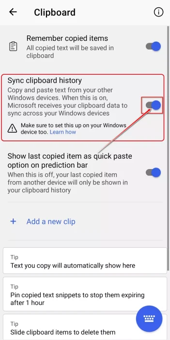 Microsoft SwiftKey Enable Sync clipboard history