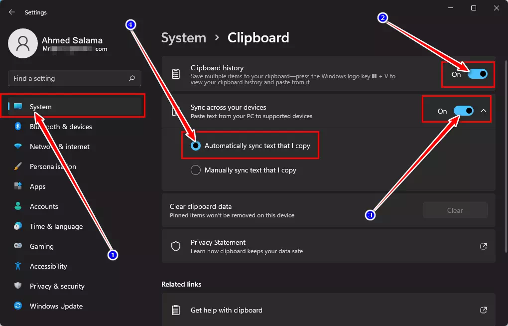 Nastavitve odložišča Windows 11