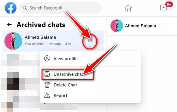 Кликните на три тачке поред имена контакта и изаберите опцију Унарцхиве цхат