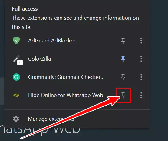 انقر فوق رمز الامتداد وأيقونة Hide Online For WhatsApp Web من شريط الأدوات