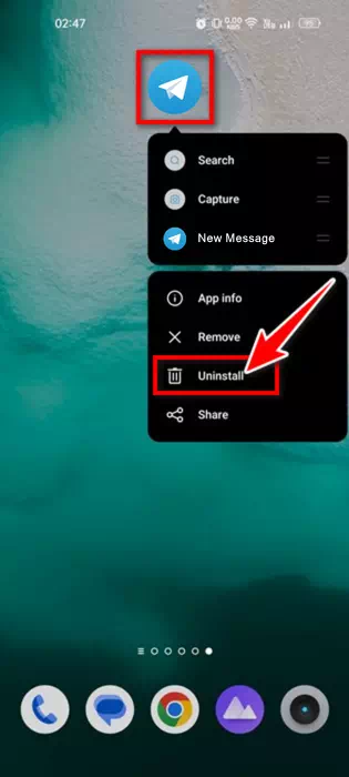 اضغط على رمز تطبيق تيليجرام على شاشتك الرئيسية حدد إلغاء التثبيت