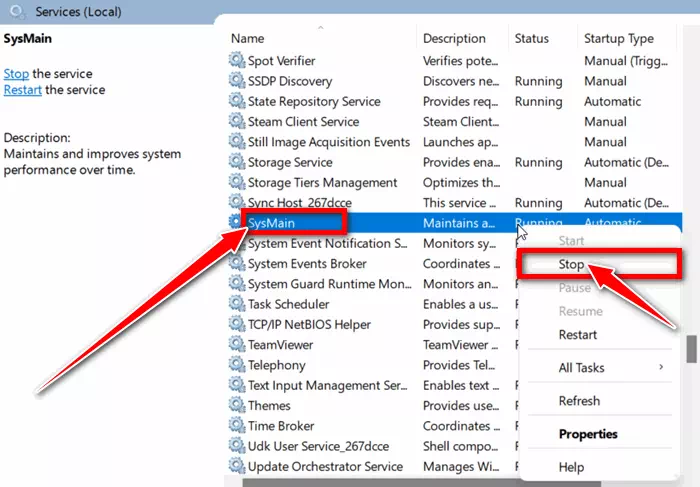Fare clic con il pulsante destro del mouse su SysMain e fare clic su Interrompi