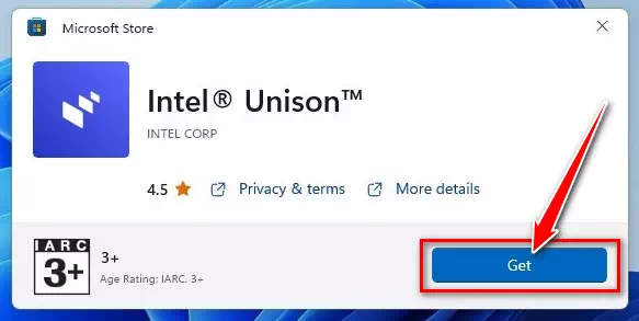 Щракнете върху бутона Get, за да изтеглите инструмента Intel Unison на вашия компютър