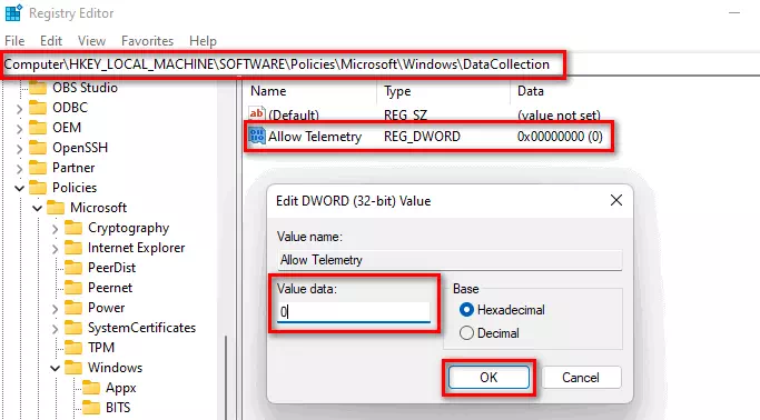 انقر نقرًا مزدوجًا فوق Allow Telemetry لتعديله ، وتغيير Data Value إلى 0 ، ثم انقر فوق OK