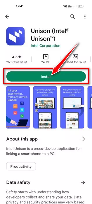 Инсталирайте приложението Intel Unison от Google Play Store