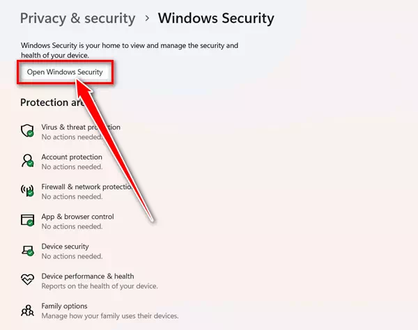 Open Windows Security على ويندوز 11