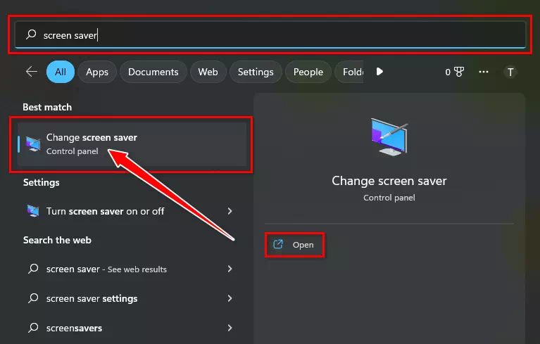 উইন্ডোজ অনুসন্ধানে স্ক্রিন সেভার অনুসন্ধান করুন এবং এটি খুলুন