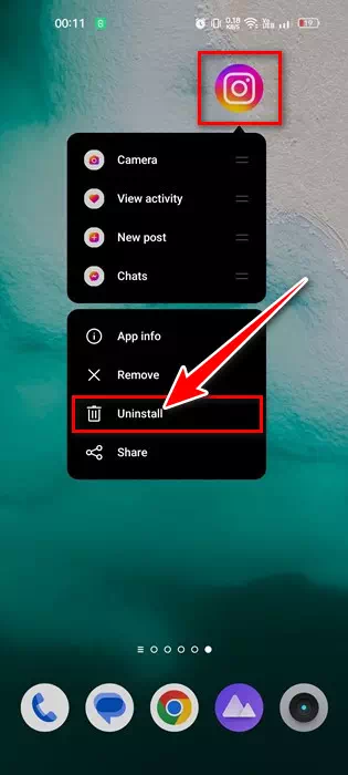 Selecione Desinstalar para o aplicativo Instagram