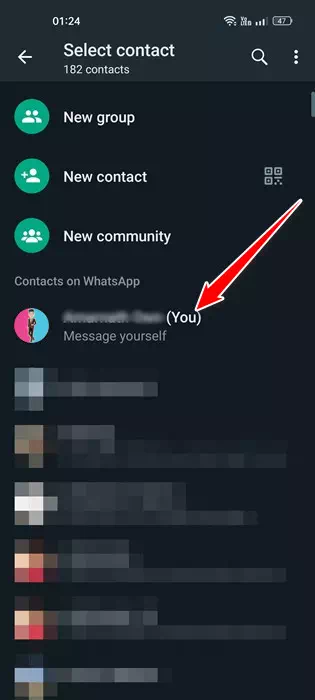 حدد مراسلة نفسك في WhatsApp