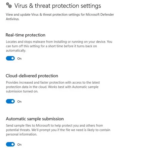 Windows Defender Virus & Threat Protection Manage Settings
