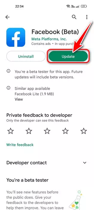 update Facebook app from google play store