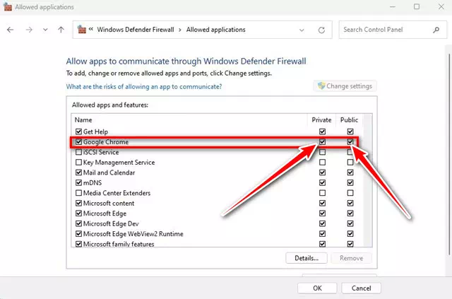 lista de permissões do Google Chrome no Firewall do Windows