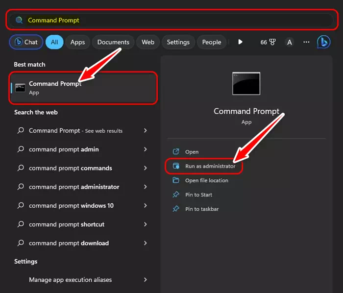 افتح Command Prompt وقم بتشغيله كمسؤول