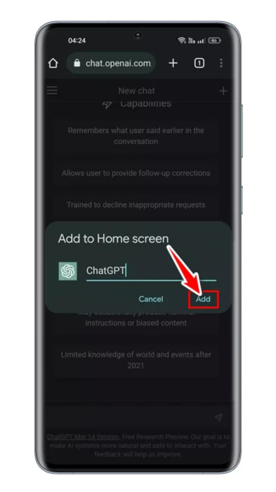 Введіть ChatGPT як назву та натисніть кнопку «Додати».