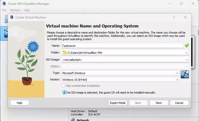 الآن قم بتسمية Virtual Machine الجديدة ، وحدد مجلد تثبيت الجهاز الظاهري ، وملف ISO لنظام التشغيل الذي تريد تثبيته