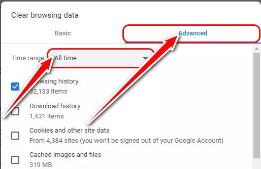 Andà à a tabulazione avanzata è selezziunate tutti i tempi in u intervalu di data