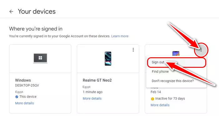 আপনি যে ডিভাইসটি সরাতে চান তার নামের উপর ক্লিক করুন এবং সাইন আউট করার বিকল্পটি নির্বাচন করুন