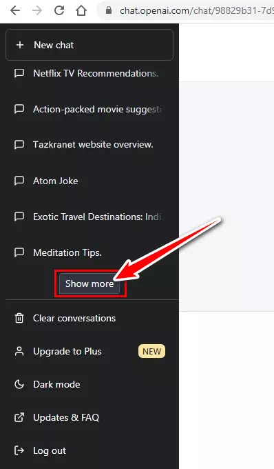 انقر فوق الزر إظهار المزيد لعرض المزيد من محفوظات ChatGPT