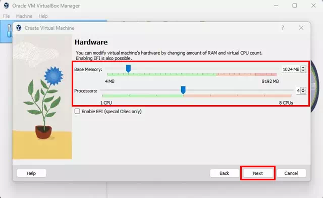 ثم في موجه الأجهزة حدد الذاكرة الأساسية (RAM) والمعالج (CPU Cores) وانقر فوق زر التالي