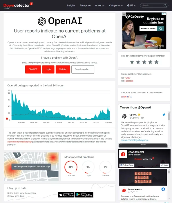 Down Detector веб-сайтындагы gpt чат серверинин абалы