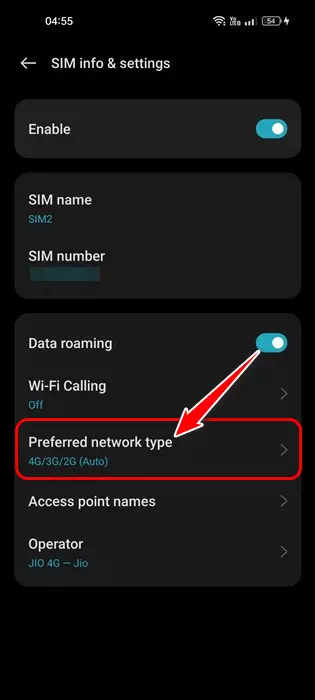 حدد بطاقة SIM التي تدعم 5G انقر على نوع الشبكة المفضلة