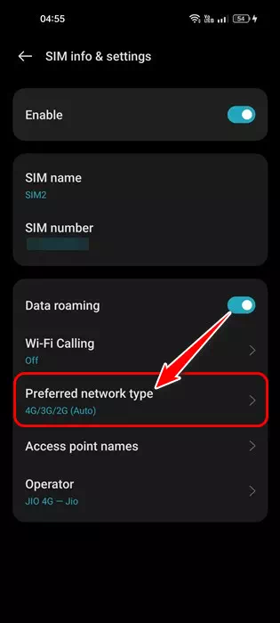 Họrọ kaadị SIM na-akwado 5G Pịa na ụdị netwọk masịrị