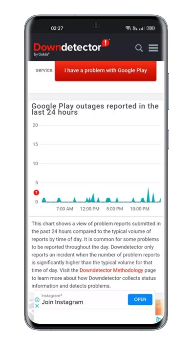 Leathanach stádais freastalaí Google Play Store de chuid Downdetector