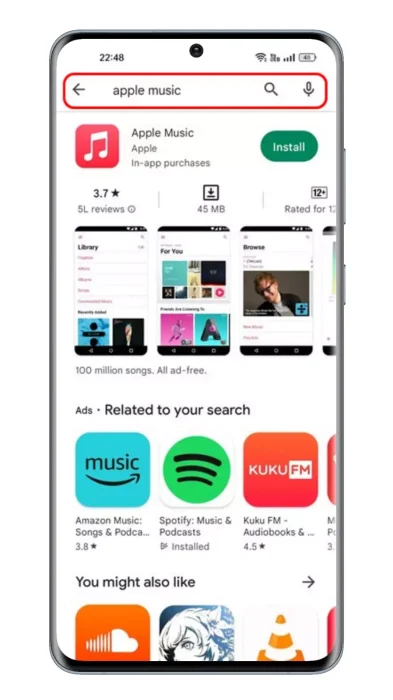 عند فتح متجر Google Play ، ابحث عن Apple Music . بعد ذلك ، افتح قائمة تطبيقات Apple Music من قائمة النتائج المتاحة