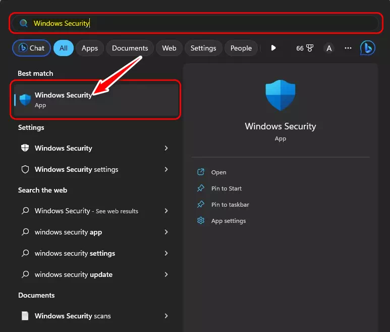 في بحث الويندوز اكتب Windows Security ثم افتح Windows Security