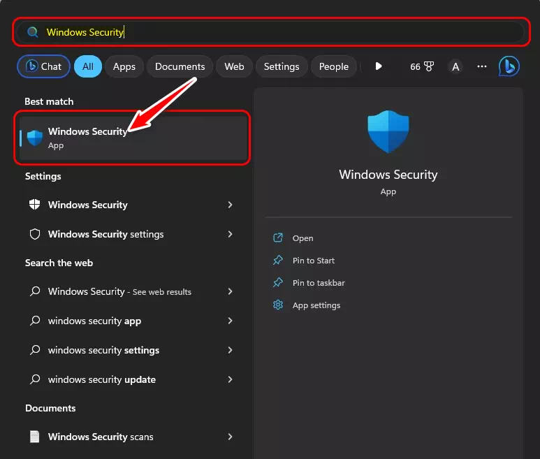 در جستجوی ویندوز، Windows Security را تایپ کنید، سپس Windows Security را باز کنید