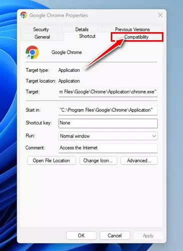في خصائص Google Chrome قم بالانتقال إلى علامة التبويب Compatibility